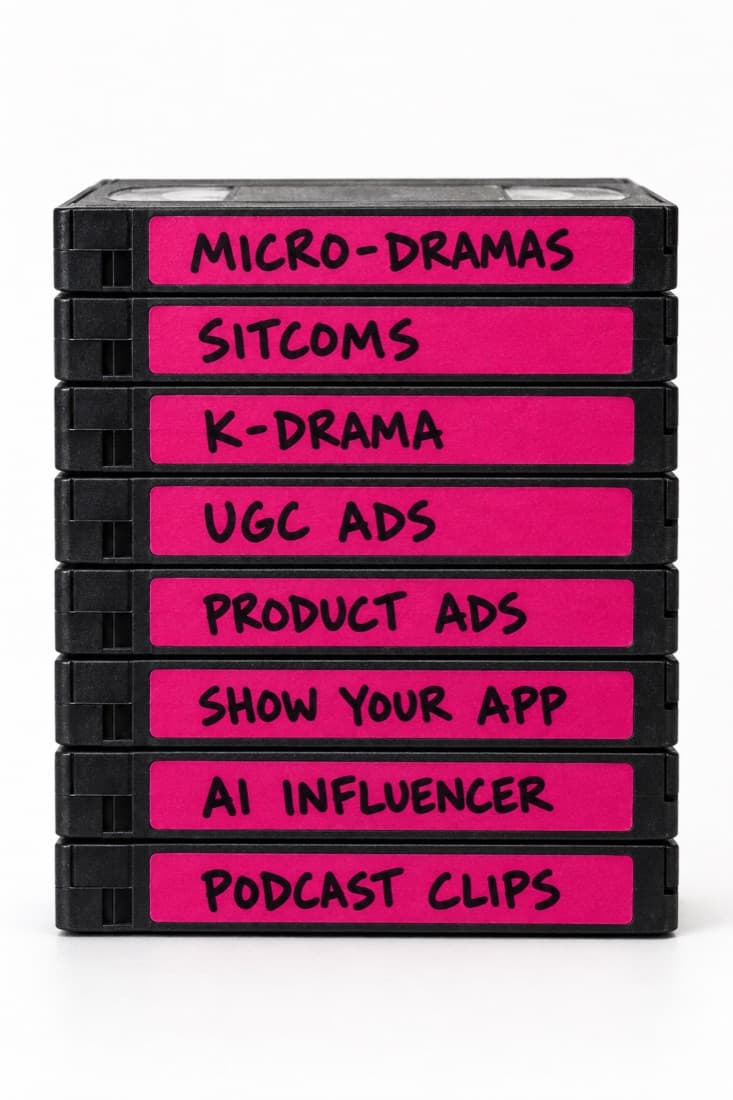 A stack of VHS tapes labelled with our video formats