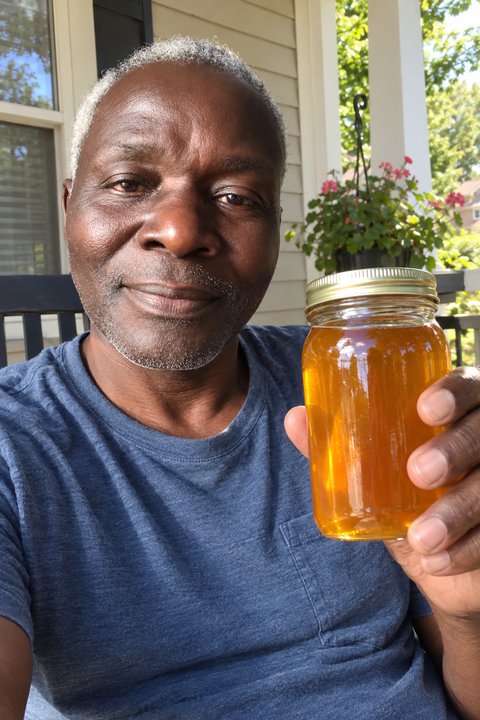 GPT Image 2.5 Flare example: a man on his porch holds up a jar of honey