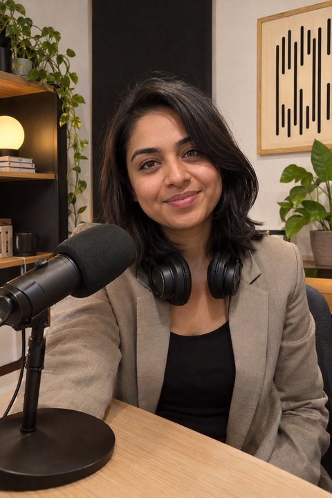 GPT Image 2.5 example: a podcast host at her desk with a microphone
