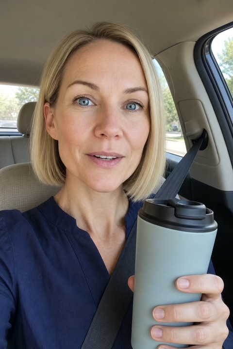 GPT Image 2 example: a woman in her parked car holds up a plain travel mug