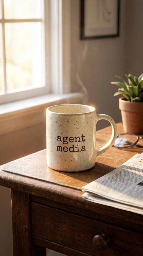 Nano Banana Pro example: a speckled mug printed with the words agent media on a sunny desk