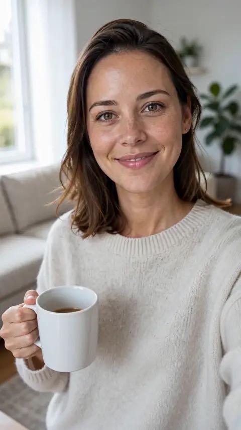 Seedance 2.0 example: a woman with a coffee mug talks to her phone camera at home