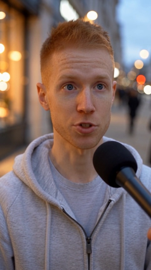 Seedance 2.5 example: a street interview, a man answers a question into a microphone