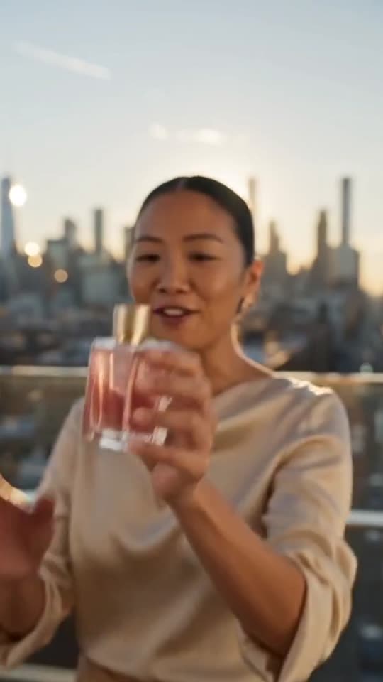 A perfume spritz on a balcony at golden hour. Product is made up.